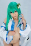 blouse bottomless cleavage cosplay detached_sleeves green_hair kneehighs kochiya_sanae lenfried open_clothes touhou rating:Questionable score:0 user:nil!