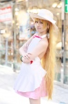 apron bakemonogatari cosplay miniskirt nisemonogatari orange_hair oshino_shinobu pira skirt straw_hat rating:Safe score:0 user:nil!