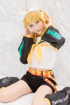 blonde_hair blouse cosplay detached_sleeves hairbow headset hiokichi kagamine_rin leggings scarf shorts vocaloid rating:Safe score:0 user:pixymisa