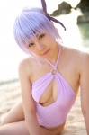 ayane_(doa) beach cleavage cosplay dead_or_alive headband ocean one-piece_swimsuit purple_hair swimsuit tachibana_minami rating:Safe score:1 user:nil!