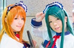 apron asahina_mikuru cosplay green_hair haiji_(ii) hairband kaoru_sato maid maid_uniform red_hair ribbon_tie serving_tray suzumiya_haruhi_no_yuuutsu tsuruya rating:Safe score:0 user:pixymisa