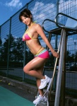 aizawa_hitomi bikini_top ponytail shorts swimsuit tennis_court tennis_racket rating:Safe score:3 user:nil!