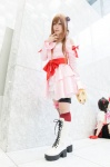 asahina_mikuru boots cosplay dress fishnet_stockings flower garter headdress kneehighs leg_band narihara_riku suzumiya_haruhi_no_yuuutsu tambourine thighhighs tiered_skirt rating:Safe score:0 user:pixymisa