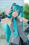 aqua_hair asanagi_rin blouse cosplay detached_sleeves hatsune_miku headset pleated_skirt skirt tie twintails vocaloid rating:Safe score:0 user:nil!