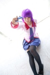 bakemonogatari cosplay pleated_skirt purple_hair school_uniform senjougahara_hitagi skirt sonomiya_alto thighhighs tie zettai_ryouiki rating:Safe score:1 user:pixymisa