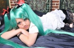 aqua_hair bed blouse cosplay hairbows hatsune_miku miniskirt noa skirt thighhighs twintails vocaloid world_is_mine_(vocaloid) zettai_ryouiki rating:Safe score:0 user:nil!