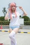 cosplay gym_uniform headphones mizuhashi_uri nitro_super_sonic pantyhose pink_hair shorts sign super_soniko thighhighs tshirt rating:Safe score:1 user:pixymisa