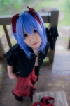 blouse blue_hair bonnet bow cleavage cosplay croptop lenfried miniskirt open_clothes remilia_scarlet skirt thighhighs touhou wings rating:Questionable score:1 user:nil!