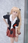 blonde_hair blouse cardigan cosplay danganronpa enoshima_junko pantyhose pleated_skirt rissu school_uniform sheer_legwear skirt tie twintails rating:Safe score:1 user:nil!