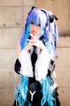 anti_the_infinite_holic_(vocaloid) blue_hair cosplay detached_sleeves dress hair_ribbons hatsune_miku headset kirimu tie tiered_skirt twintails vocaloid rating:Safe score:0 user:pixymisa