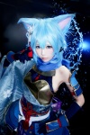 animal_ears aqua_hair armor breastplate cat_ears cosplay ely elysion faulds gloves scarf shinon_(sao) sword_art_online yukata rating:Safe score:0 user:nil!