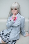 blazer blouse bowtie cosplay green_eyes haiyore!_nyaruko-san maitako nyaruko pleated_skirt skirt thighhighs white_hair zettai_ryouiki rating:Safe score:0 user:pixymisa