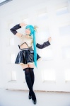 aqua_hair black_legwear cosplay croptop detached_sleeves hairbow hatsune_miku mashiro_yuki pleated_skirt ponytail project_diva skirt thighhighs vocaloid zettai_ryouiki rating:Safe score:0 user:nil!