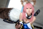 animal_ears caster cleavage collar cosplay detached_sleeves dress fate/extra fate/series fox_ears fox_tail pink_hair seri skirt_train yellow_eyes rating:Safe score:0 user:pixymisa