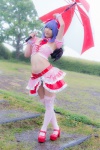 blouse blue_hair bonnet bow cosplay croptop half_skirt_open_front lenfried rain remilia_scarlet tail tail_plug thighhighs touhou umbrella wings rating:Safe score:2 user:nil!