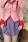 bakemonogatari blouse chocoball chokomongatari_story cosplay hanekawa_tsubasa pleated_skirt school_uniform sheer_legwear skirt skirt_lift twin_braids rating:Safe score:0 user:nil!