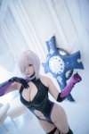 bodysuit castle_of_glass cleavage cosplay elbow_gloves fate/grand_order fate/series gloves mash_kyrielight pink_hair saku shield thigh_band thighhighs rating:Safe score:1 user:nil!