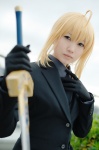 ahoge blazer blonde_hair cosplay fate/series fate/zero gloves ponytail saber sword yuuri_(shio274) rating:Safe score:0 user:nil!