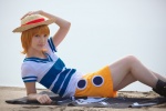 beach boots cosplay flag kuuya miniskirt nami_(one_piece) ocean one_piece orange_hair skirt straw_hat tshirt rating:Safe score:1 user:nil!