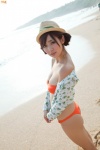 beach bikini blouse cleavage hair_buns ocean open_clothes straw_hat swimsuit takigawa_aya rating:Safe score:0 user:nil!