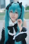 aqua_hair cosplay detached_sleeves dress hairbows hatsune_miku headset project_diva twintails vocaloid yoppy rating:Safe score:0 user:nil!