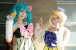 aqua_hair blonde_hair colorful_x_melody_(vocaloid) cosplay detached_sleeves dress hatsune_miku headphones kagamine_rin kotori microphone project_diva saya twintails vocaloid rating:Safe score:0 user:nil!