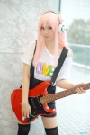 black_legwear cosplay guitar harumiya_yun headphones jumper nitro_super_sonic pantyhose pink_hair sheer_legwear super_soniko thighhighs tshirt zettai_ryouiki rating:Safe score:1 user:nil!