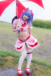 blouse blue_hair bonnet bow cosplay croptop half_skirt_open_front lenfried rain remilia_scarlet tail tail_plug thighhighs touhou umbrella wings rating:Safe score:1 user:nil!