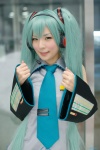 aqua_hair blouse cosplay detached_sleeves hatsune_miku headset maitako tie twintails vocaloid rating:Safe score:0 user:pixymisa