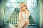 animal_ears cosplay horo pantyhose red_eyes rococo sheer_legwear spice_and_wolf swimsuit tail wolf_ears rating:Safe score:3 user:pixymisa