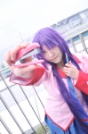 bakemonogatari blouse cosplay natsume_rin pleated_skirt purple_hair school_uniform senjougahara_hitagi skirt tie rating:Safe score:0 user:nil!