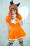 akumania animal_ears bowtie cosplay cuffs dress fox_ears glasses keyhole looking_over_glasses original pantyhose red_hair tail thighhighs zettai_ryouiki rating:Safe score:0 user:pixymisa
