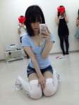 cleavage iiniku_ushijima iphone self-shot shorts thighhighs tshirt white_legwear rating:Questionable score:9 user:nil!