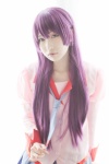 bakemonogatari blouse cosplay hiokichi pleated_skirt purple_eyes purple_hair senjougahara_hitagi skirt tie rating:Safe score:0 user:Kryzz