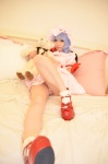 bed blue_hair cosplay dress hat panties remilia_scarlet shizuku socks stuffed_animal teddy_bear touhou touhou_muge_youji wings rating:Safe score:5 user:nil!