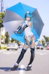 blue_hair cosplay elbow_gloves gloves hatsune_miku high_heels natsuwo umbrella vocaloid rating:Safe score:9 user:Kryzz