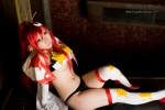 bikini_top cape chopsticks cleavage cosplay elbow_gloves gloves panties ponytail red_hair saku swimsuit tengen_toppa_gurren-lagann thighhighs underboob yoko_ritona rating:Safe score:1 user:nil!