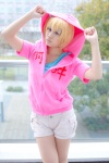 blonde_hair cosplay hoodie kagerou_project kisaragi_momo_(kagerou_project) pantyhose pink_eyes sakuma_koami sheer_legwear shorts tshirt rating:Safe score:0 user:pixymisa