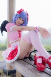 blouse blue_hair bonnet bow cosplay croptop half_skirt_open_front lenfried remilia_scarlet tail_plug thighhighs touhou wings rating:Questionable score:1 user:nil!