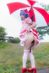 ass blouse blue_hair bonnet bow cosplay croptop half_skirt_open_front lenfried rain remilia_scarlet tail_plug thighhighs touhou umbrella wings rating:Questionable score:4 user:nil!