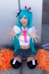 aqua_hair cheerleader_uniform collar cosplay detached_sleeves hair_ribbons hatsune_miku miniskirt mogu pleated_skirt pom_poms sing_and_smile_(vocaloid) skirt thighhighs tie tubetop twintails vocaloid rating:Safe score:0 user:pixymisa