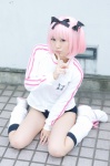 aisu bloomers cosplay hairbows hibari_(senran_kagura) kneesocks pantyhose pink_hair senran_kagura sheer_legwear track_jacket rating:Safe score:0 user:pixymisa