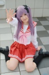 cosplay fumiko hair_ribbons hiiragi_kagami kneesocks lucky_star pantyhose pleated_skirt purple_hair sailor_uniform school_uniform skirt twintails rating:Safe score:0 user:nil!