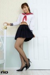 bed black_legwear fishnet_pantyhose okasaki_shoko pantyhose pleated_skirt ponytail rq-star_741 sailor_uniform school_uniform skirt skirt_lift rating:Safe score:1 user:nil!