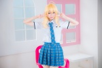 ahoge blonde_hair blouse cosplay hoshii_miki idolmaster mike pleated_skirt school_uniform skirt tie top_idol_〜sleeping_beauty〜 rating:Safe score:3 user:nil!