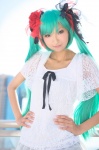 aqua_hair blouse cosplay hair_ribbons hatsune_miku necoco twintails vocaloid world_is_mine_(vocaloid) rating:Safe score:0 user:nil!