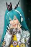 aqua_hair blouse cosplay fingerless_gloves gloves hairbows hatsune_miku headphones maitako twintails vocaloid rating:Safe score:0 user:pixymisa