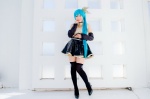 aqua_hair black_legwear cosplay croptop detached_sleeves hairbow hatsune_miku mashiro_yuki pleated_skirt ponytail project_diva skirt thighhighs vocaloid zettai_ryouiki rating:Safe score:0 user:nil!