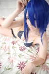 ahoge bed bikini blue_hair cleavage cosplay denim ikkitousen kanu_unchou kibashi shorts swimsuit rating:Safe score:3 user:nil!