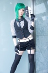 blouse cosplay garter_straps gloves green_hair gumi horns kaya_(ii) mask shorts thighhighs tie vest vocaloid rating:Safe score:0 user:pixymisa